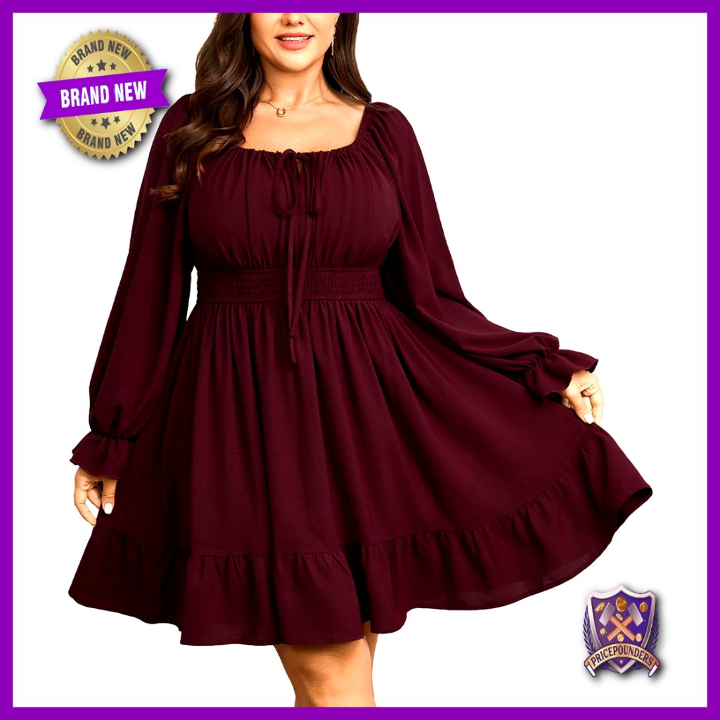 Plus Size Long Sleeve Square Neck Smocked Ruffle A-Line Mini Dress